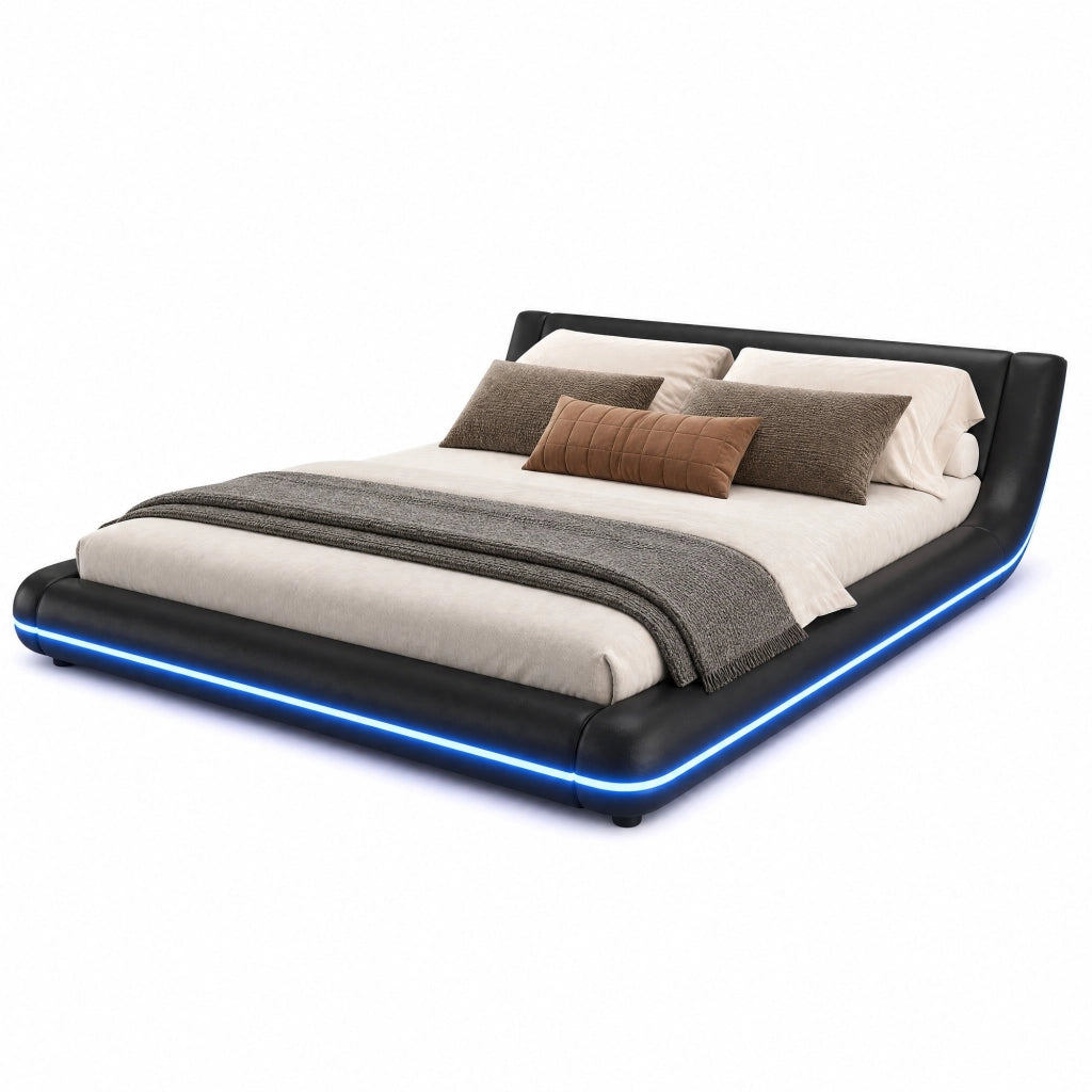 Letto a pavimento 160x200 cm nero in PU e MDF, LED regolabili con app, senza materasso