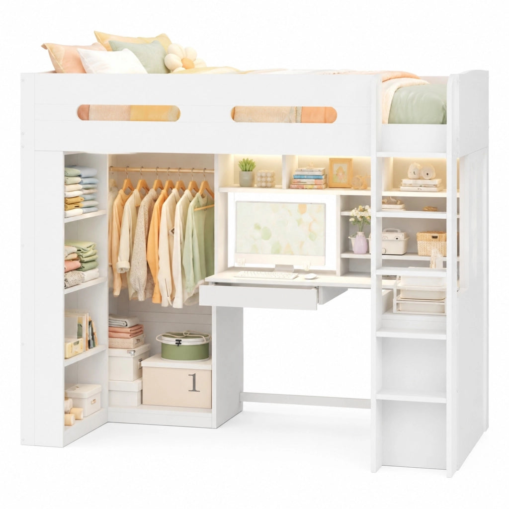 Letto a soppalco 90x200 cm con scrivania; armadio; LED e cassetto bianco