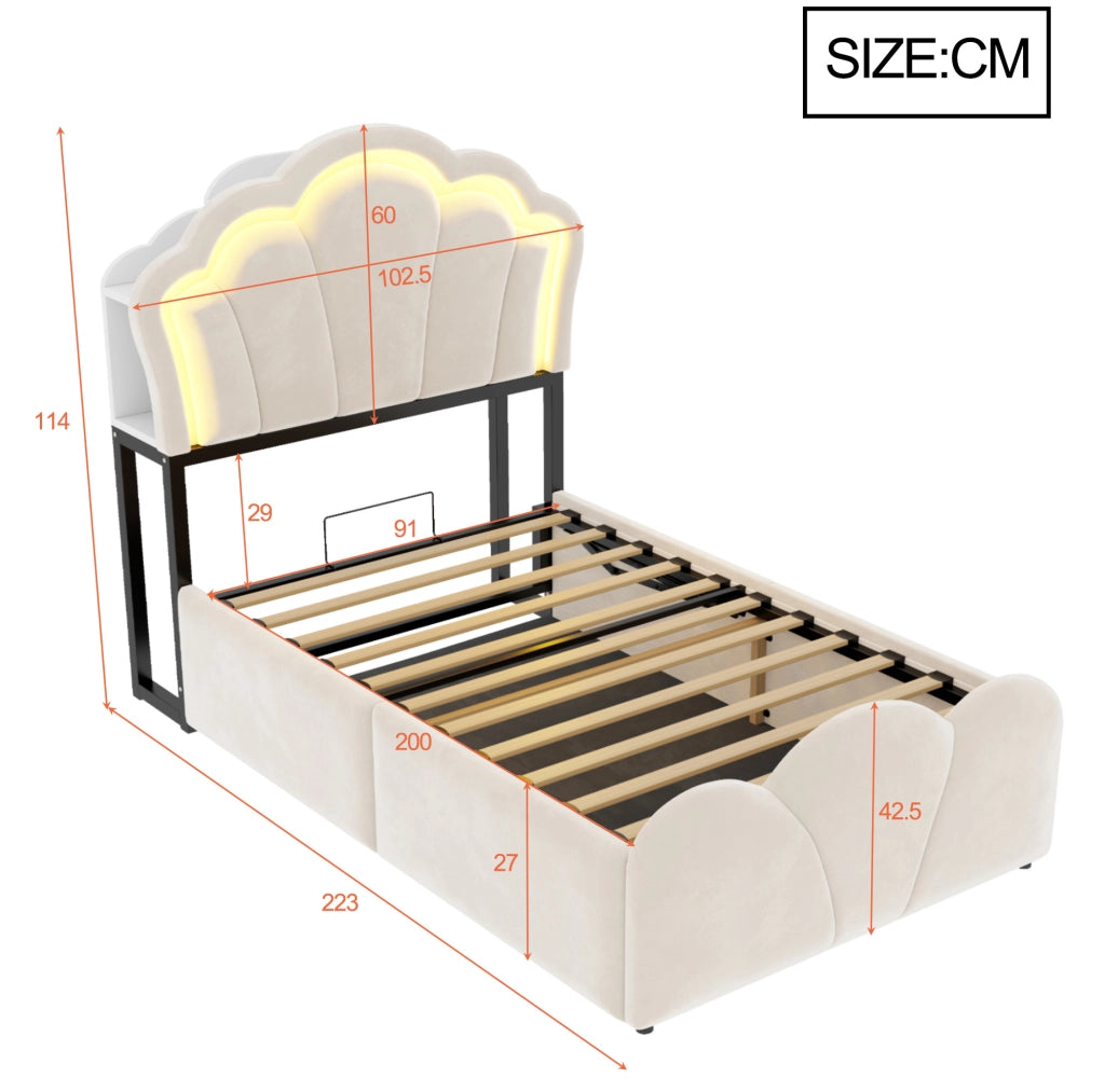 Letto singolo imbottito ULEVR 90x200 cm con contenitore idraulico, LED, prese integrate e rivestimento in velluto beige