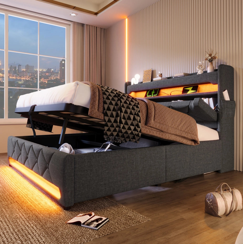 Letto matrimoniale imbottito 140x200 cm con testiera contenitore, porta USB e Type-C, illuminazione LED 360°, tessuto lino grigio senza materasso
