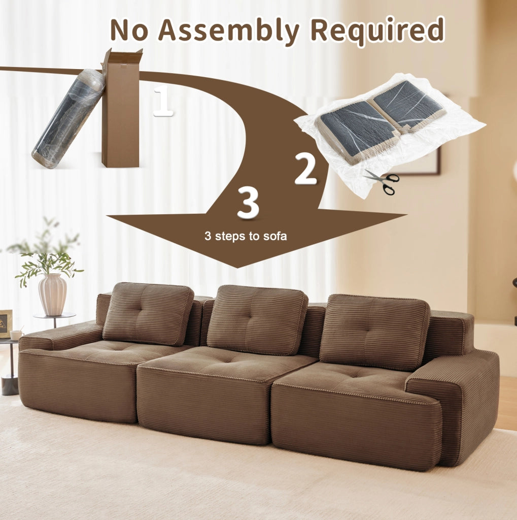 Divano modulare Cloud senza gambe in tessuto a coste marrone, 3 posti con seduta profonda da 74 cm, design componibile