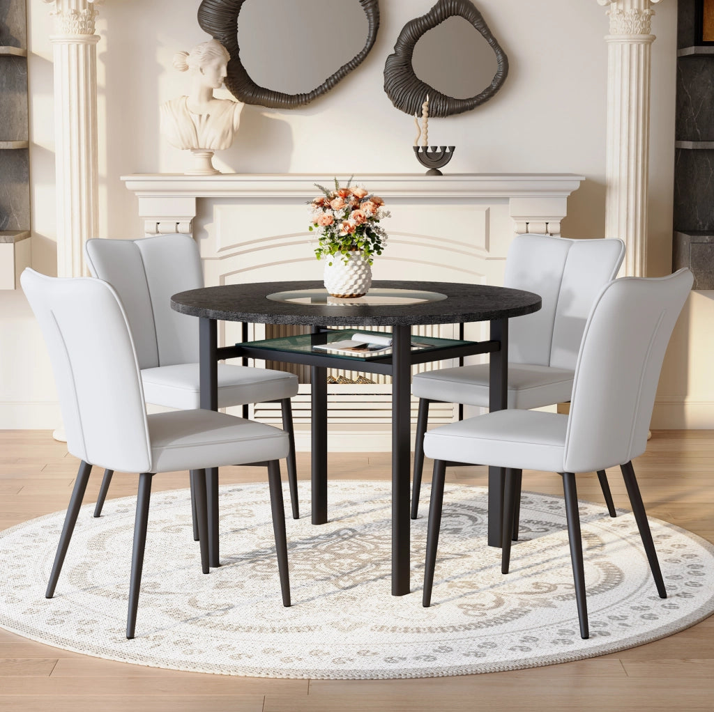 Set tavolo da pranzo rotondo Ø100 cm con piano in MDF nero; vetro e sedie grigio chiaro