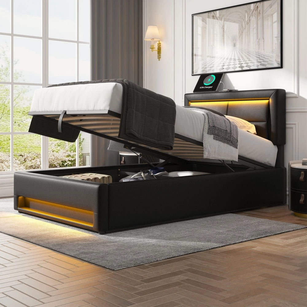 Letto Imbottito con LED e Contenitore ¨C MINIMAL ¨C 90x200, USB, Similpelle Nero