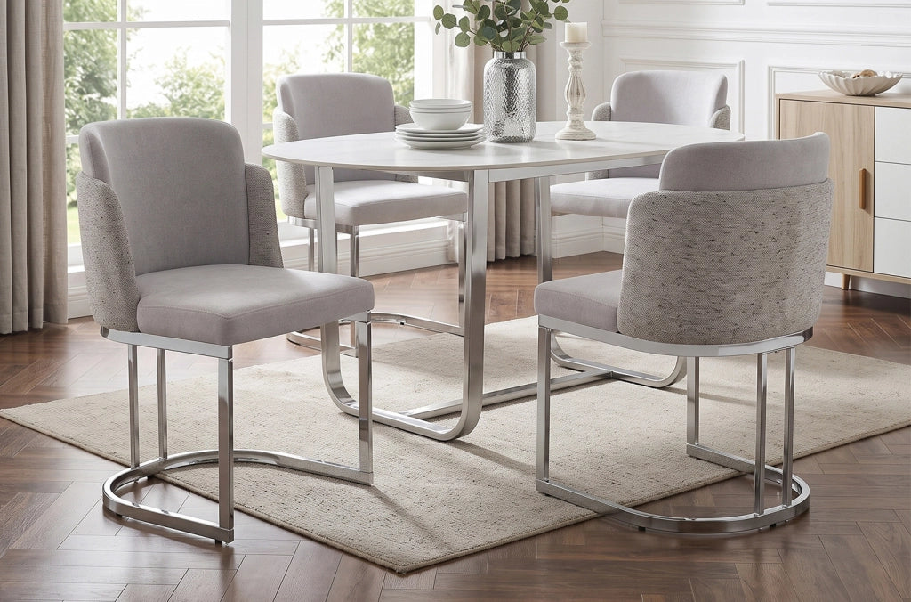 Set da 6 sedie da pranzo moderne con gambe in metallo galvanizzato argento e rivestimento in tessuto Chenille grigio chiaro