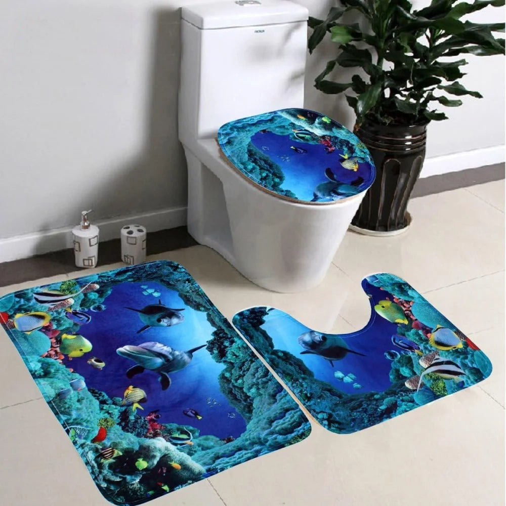 Hakkin motivo sea world 3 pezzi tappeto da bagno, wc e sedile