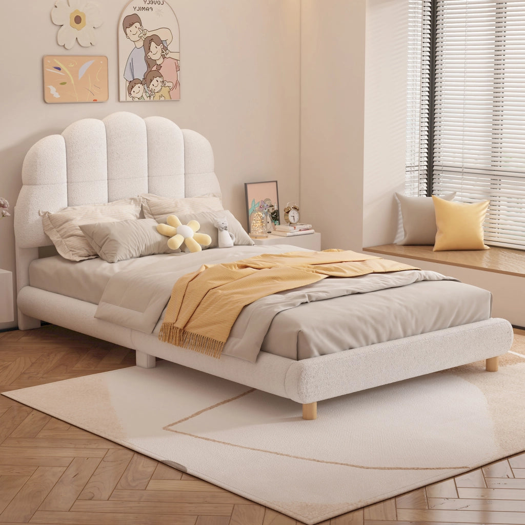 Letto singolo per bambini in peluche 90×200 cm con testiera a fiore, bianco, struttura in MDF con doghe, senza materasso