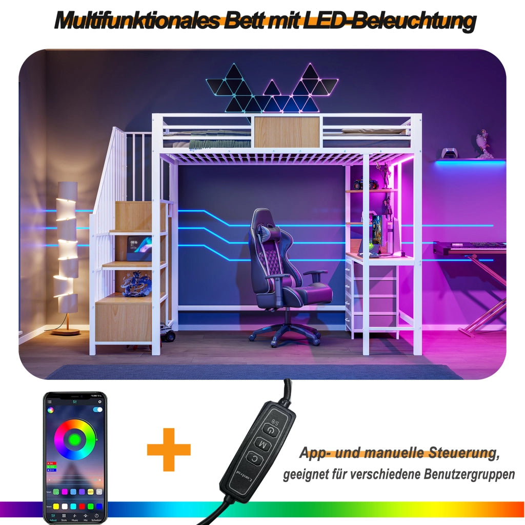 Letto a soppalco per bambini 90x200 cm con scrivania; LED e presa; ripiani e barra appendiabiti; metallo bianco