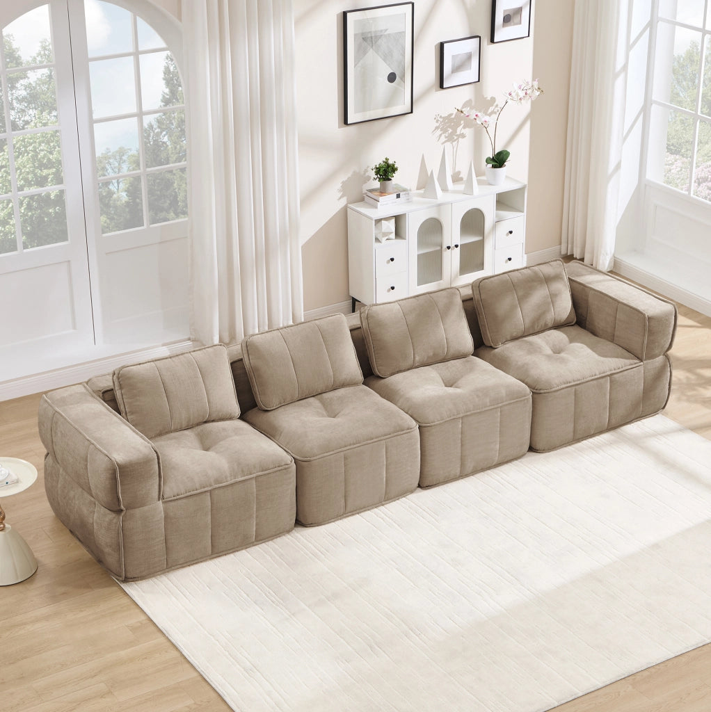 Divano modulare 4 posti 344x93x67 cm in poliestere sabbia, senza montaggio