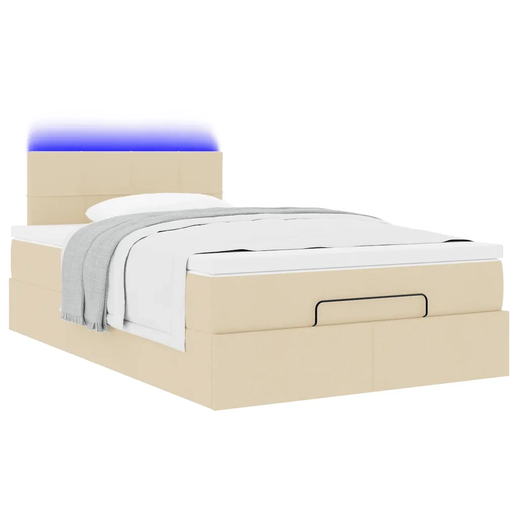 Pouf Letto con Materasso e LED Crema 120x190cm in Tessuto