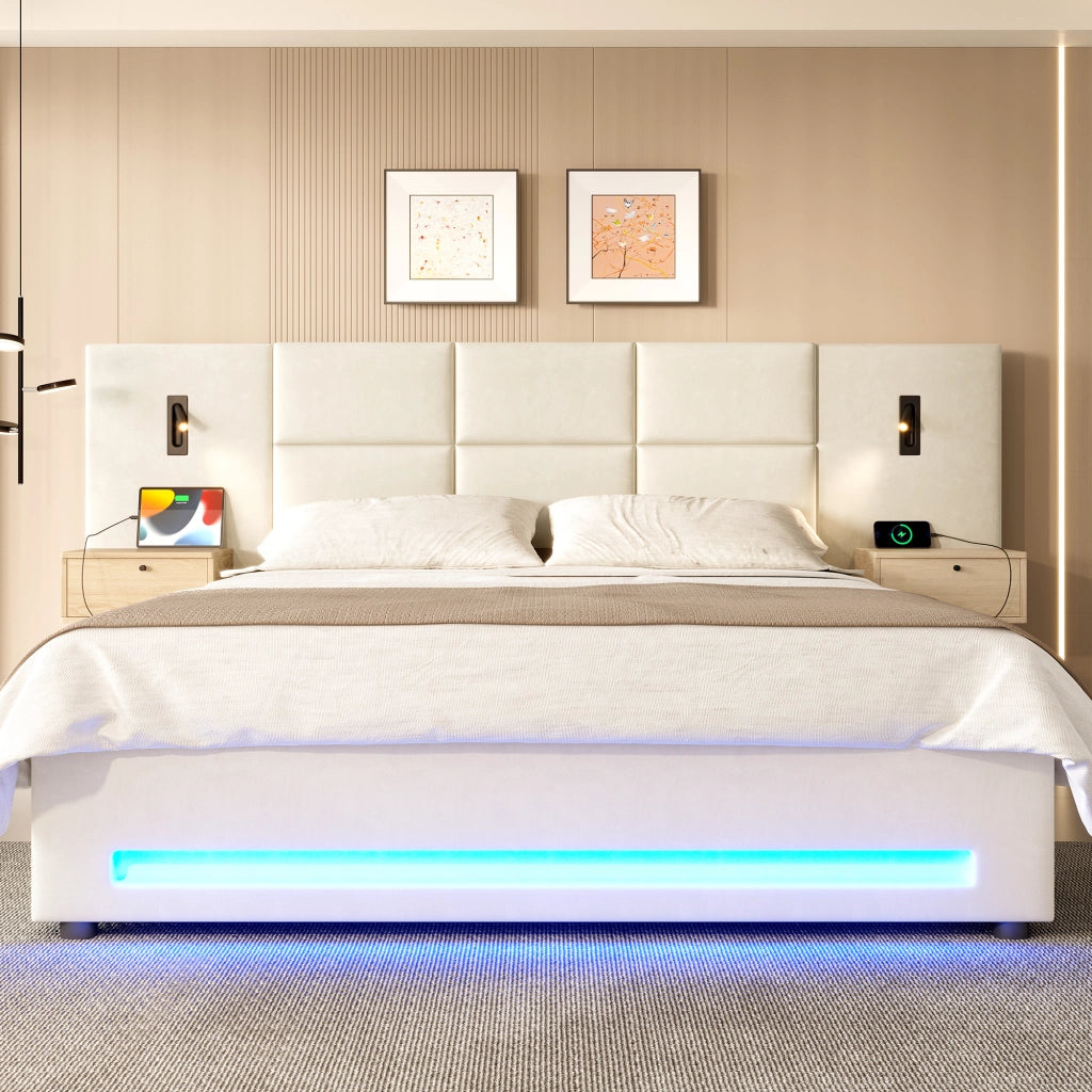 Letto contenitore 180x200 cm imbottito in velluto beige con testiera; LED e USB-C per camera da letto
