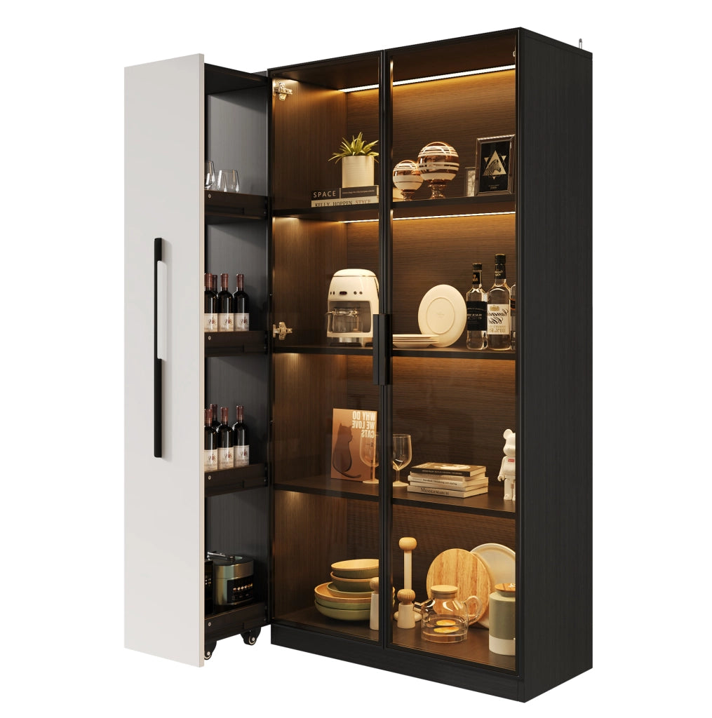 Vetrina LED 110;5x35x160 cm con anta in vetro e vano estraibile in MDF; nera
