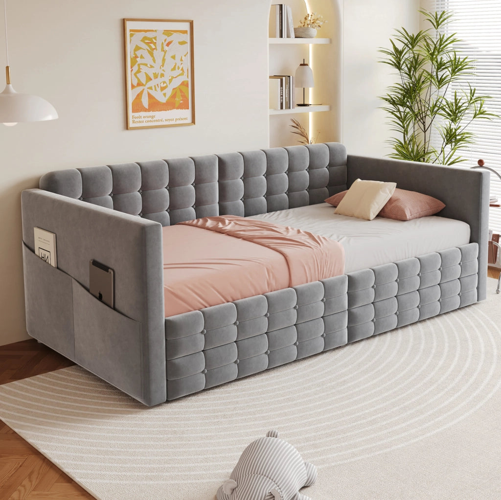 Letto imbottito 90x190 cm con 2 cassetti; tasche laterali e velluto grigio