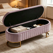 Panca contenitore da letto con vano, piedi metallici dorati, in velluto, rosa 130 cm