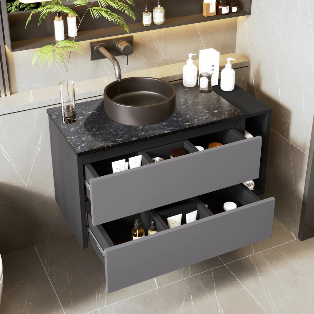 Mobiletto con lavabo rotondo in ceramica nero cassetti vano aperto piano in marmo MDF grigio 80.0 × 44.0 × 48.5 cm