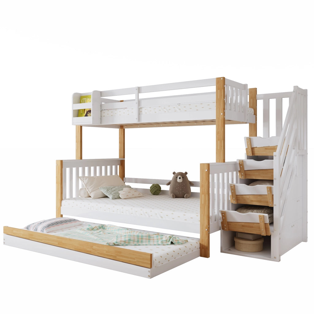 Letto a castello con letto estraibile; scala contenitore e sponde; 120x200 cm; bianco/natur