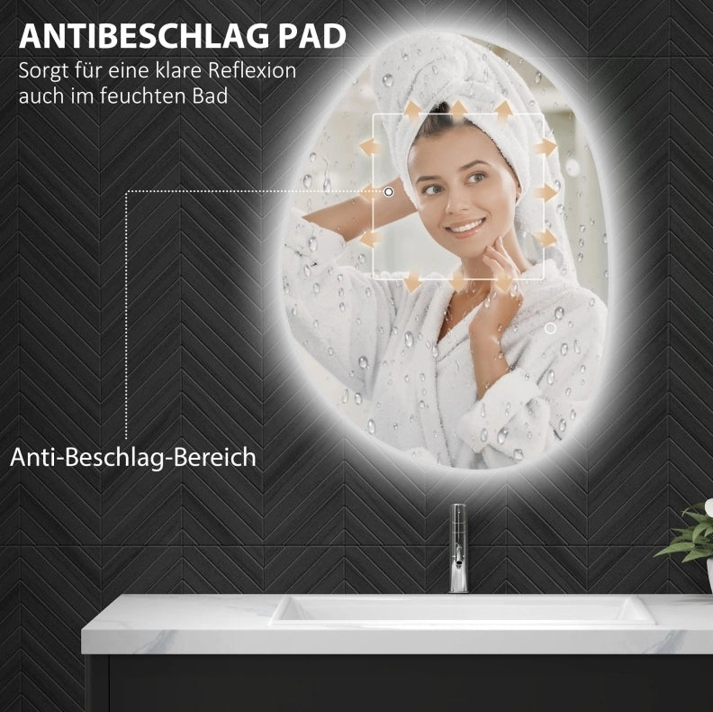 Specchio bagno asimmetrico LED con antiappannamento, argento