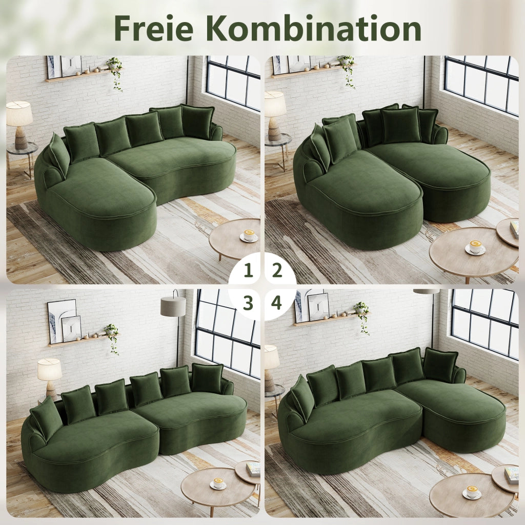 Divano modulare trasformabile con chaise longue profonda e cuscini, design senza struttura in ciniglia verde