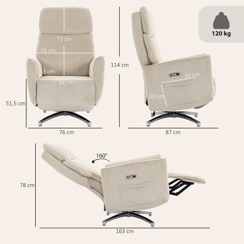 Poltrona relax elettrica girevole con doppio motore, poggiatesta regolabile, USB e tasche laterali in poliestere crema