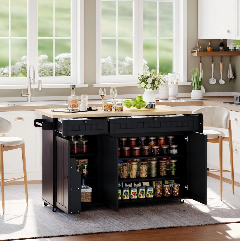 Isola da Cucina con Piano di Lavoro Ribaltabile, Carrello Mobile con 6 Ruote Blocabili, 2 Cassetti Grandi, Scaffale Porta Stoviglie e Armadietto, Nero, 137 x 89,5 x 45 cm