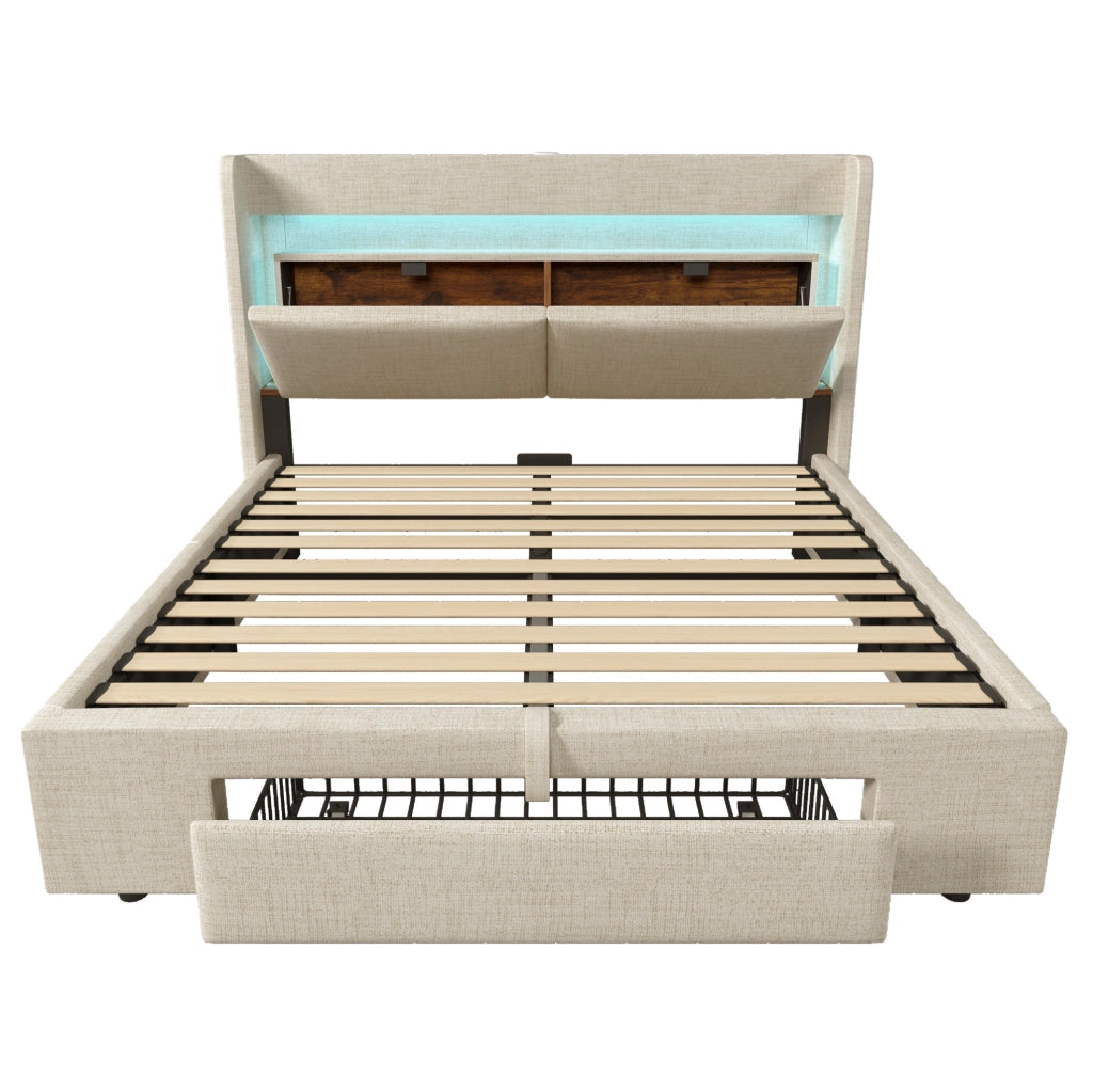 Letto imbottito 140x200 cm beige in lino con contenitore idraulico, testiera con scomparto, luci LED e porte USB/USB-C, con materasso incluso