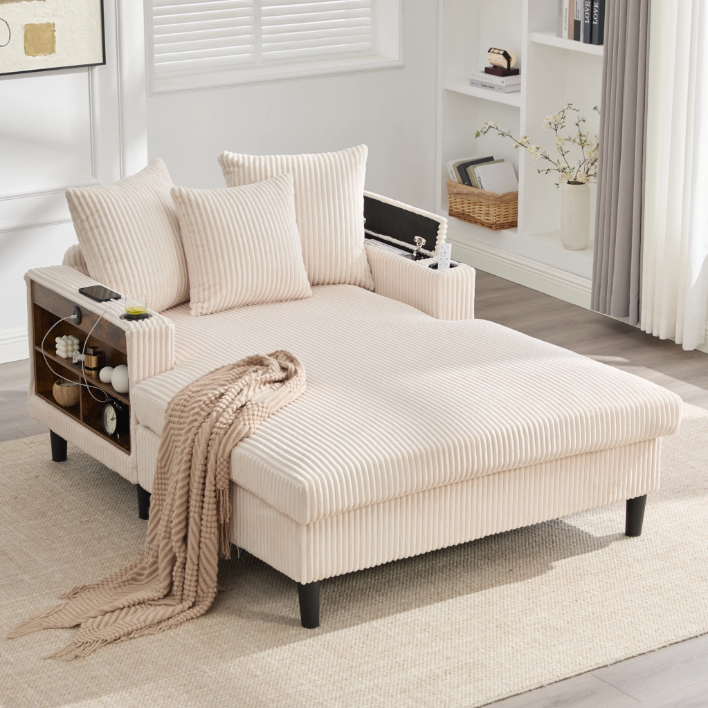Chaiselongue multifunzione in velluto a coste con ampia zona letto, portabicchieri laterali e illuminazione LED
