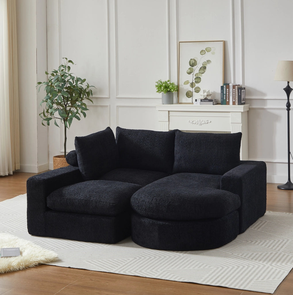 Divano modulare ULEVR 250x160 cm con chaise longue reversibile, 4 moduli e 3 cuscini in ciniglia nera