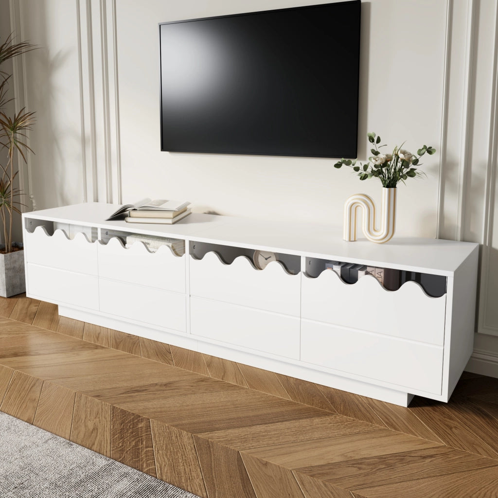 Mobile TV largo 170 cm con 4 ante e design ondulato, MDF e truciolato, bianco