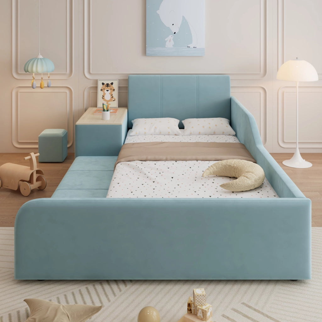 Letto singolo 90 × 200 cm con scrivania e sgabello vano laterale testiera imbottita in velluto blu doghe in legno
