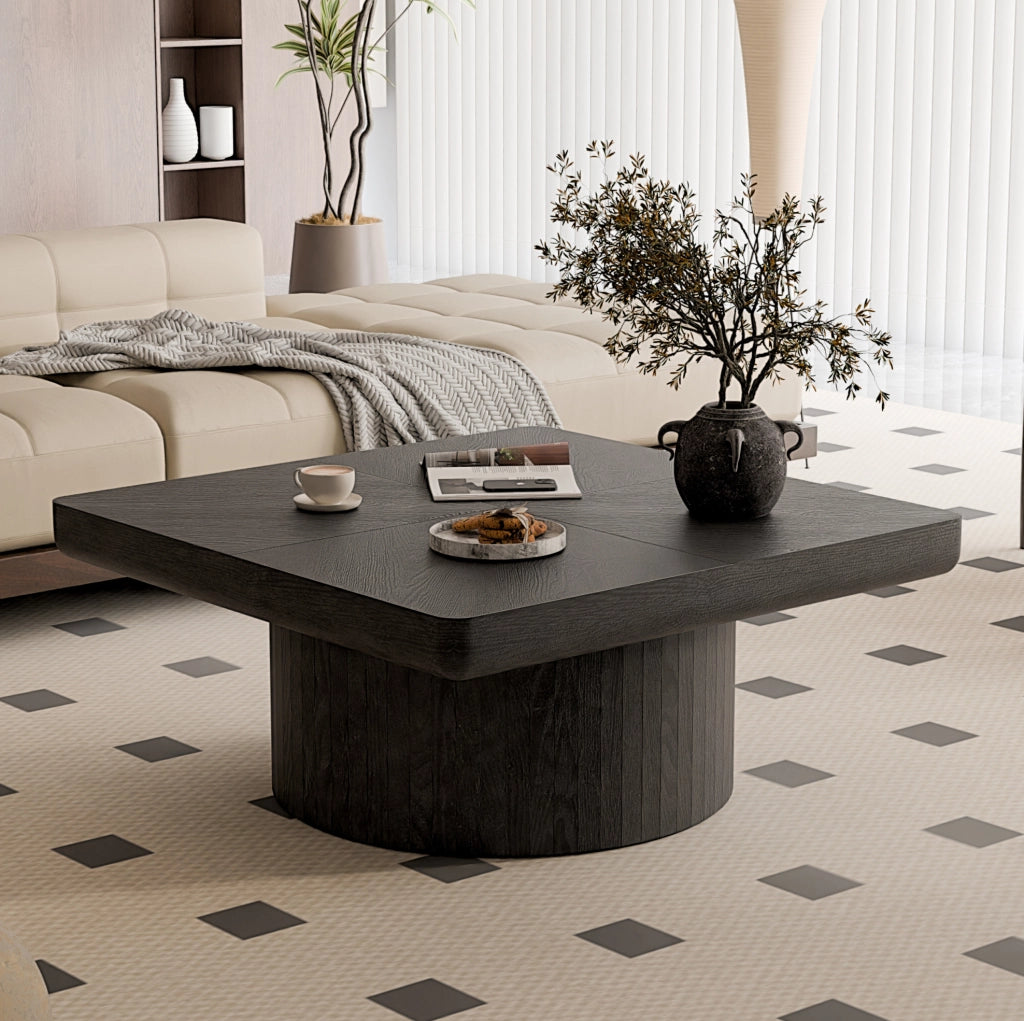 Tavolino Quadrato 78cm con Piano in Impiallacciatura a Parquet e Base Cilindrica Nero