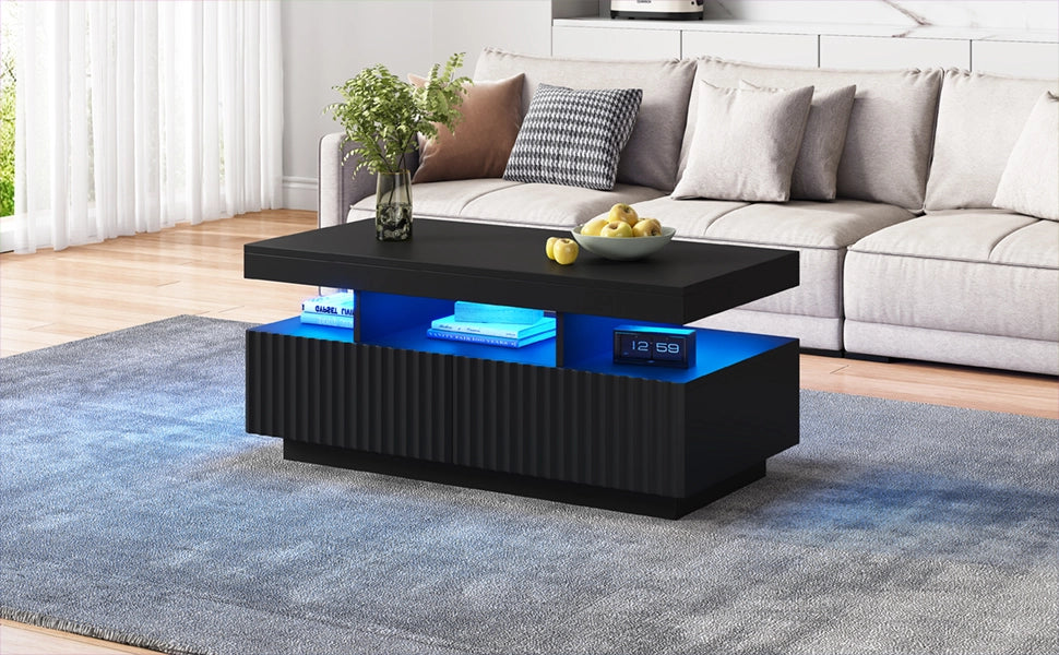 Tavolino da salotto nero 100x50x45 cm con due cassetti e LED