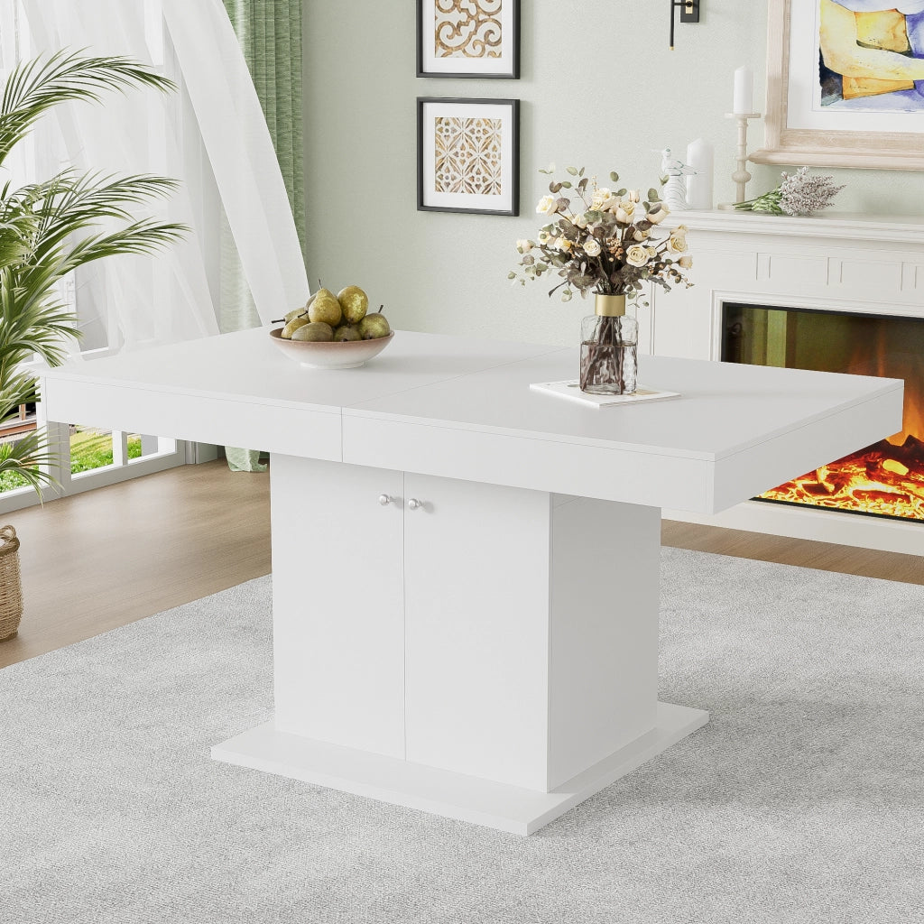 Tavolo da pranzo allungabile con contenitore, 140/180 cm, bianco, in truciolare e metallo