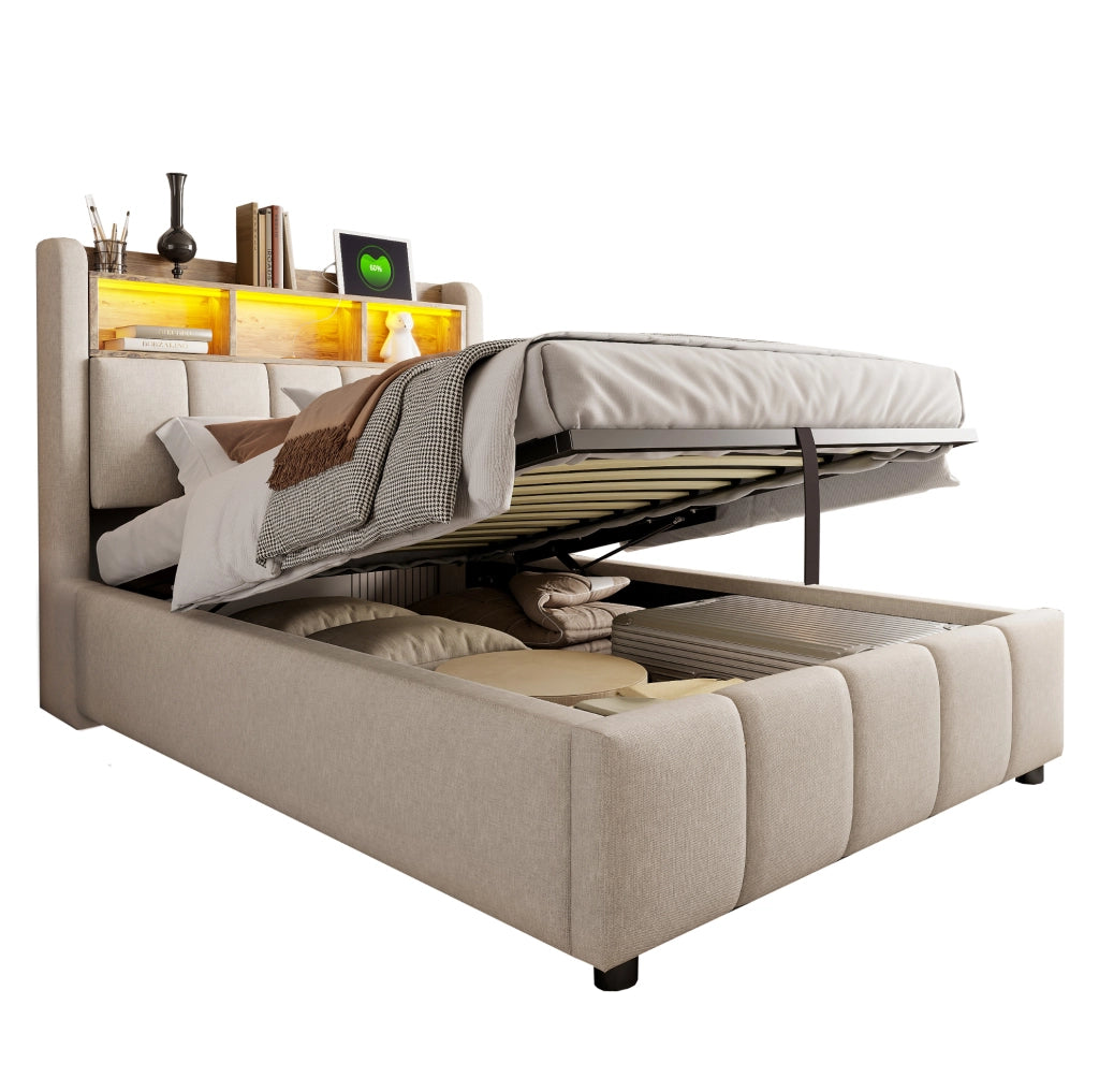 Letto imbottito 90x200 cm con LED, USB-C e vano contenitore