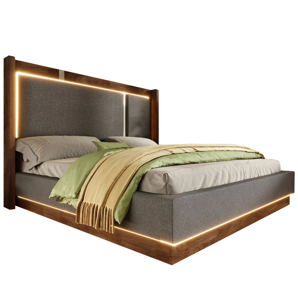 Letto imbottito 160x200 cm con LED e contenitore, rivestimento in lino grigio e dettagli noce