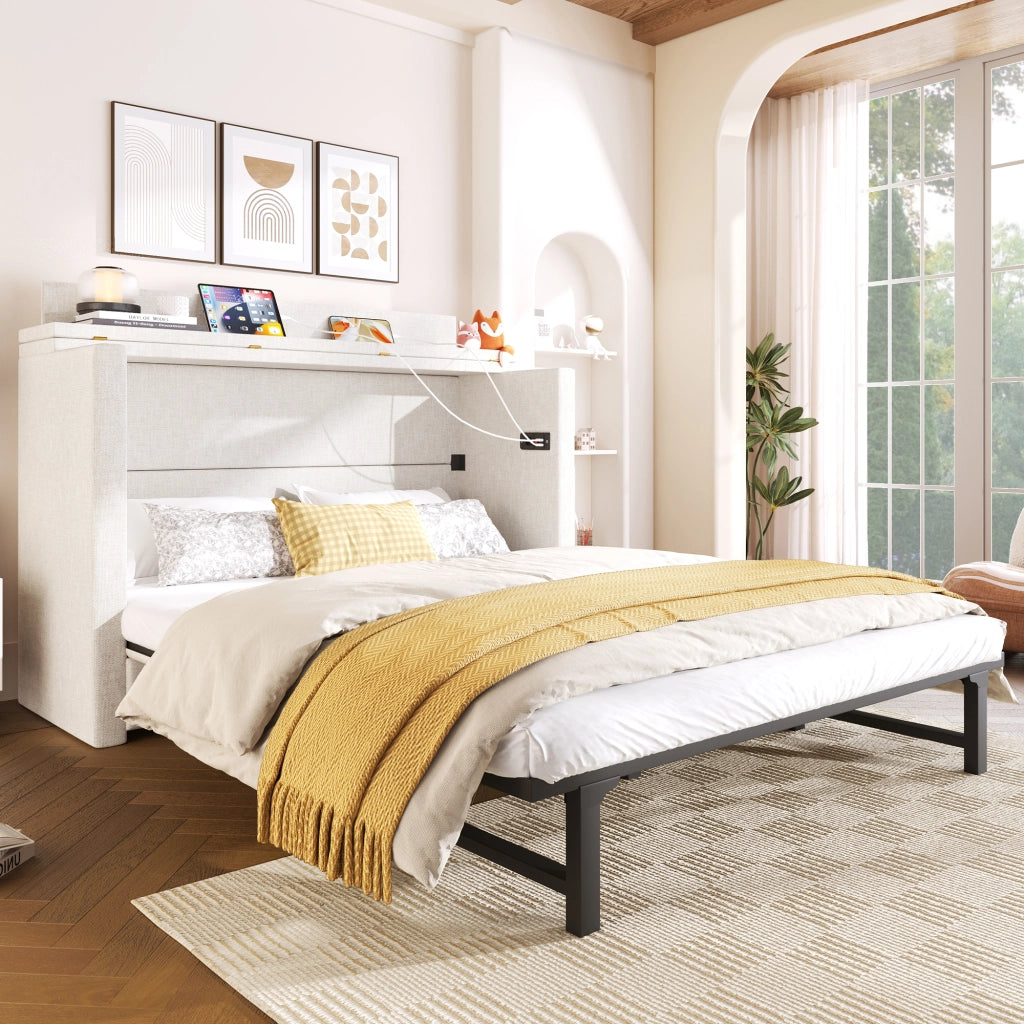 Letto a Scomparsa 140x200 cm in Lino con Cassetto; USB-C e Modulo Contenitore Mobile; Beige