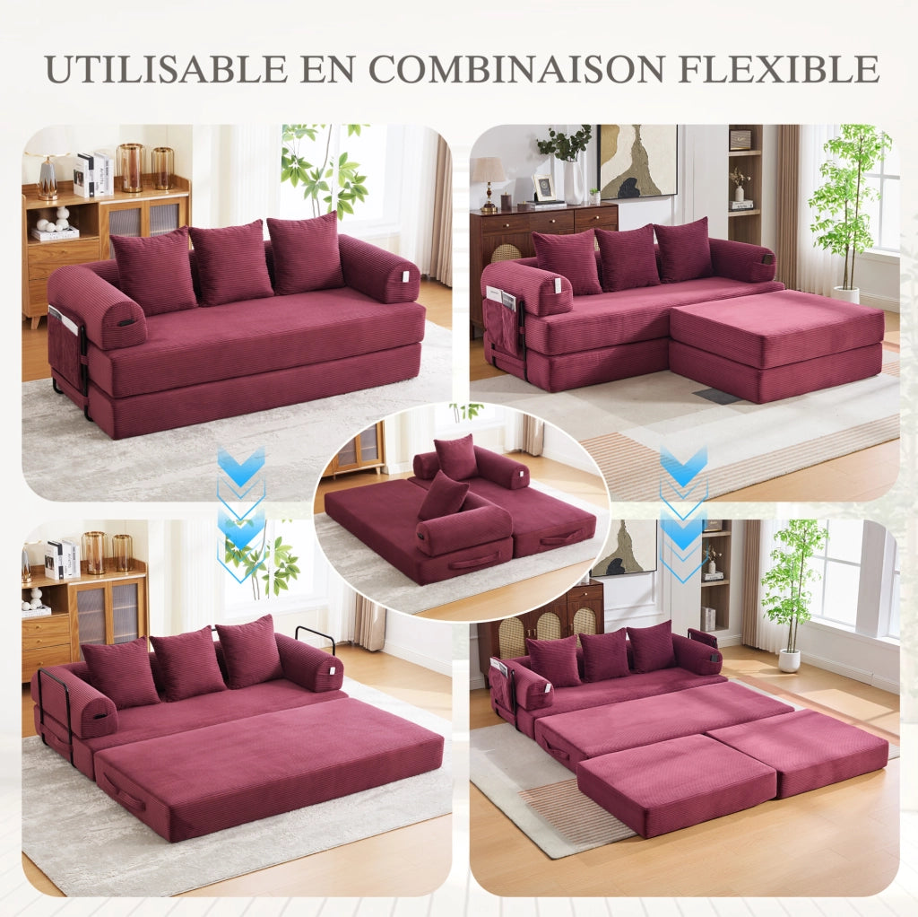 Divano modulare con pouf in velluto a coste; struttura in metallo e tasca laterale; rosso vino