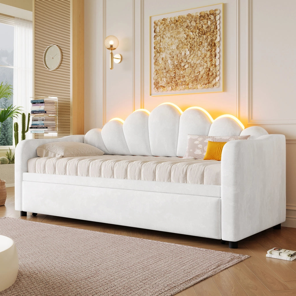 Letto da giorno imbottito estraibile 90x200 cm con LED a 7 colori; bianco