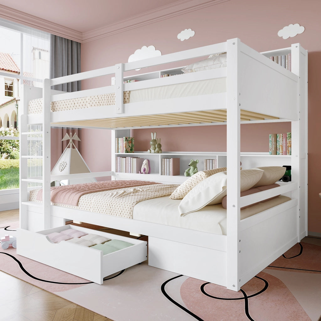 Letto a Castello 90x200 cm con Letto Estraibile; Contenitore; Cassetti; Scala e Sponde; Bianco