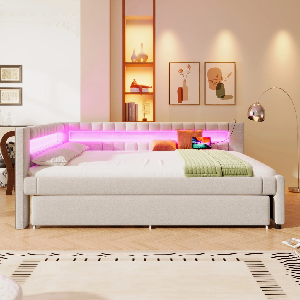 Letto divano estraibile 140 × 200 cm e 90 × 190 cm con LED; USB e porta tipo C; senza materasso; lino beige