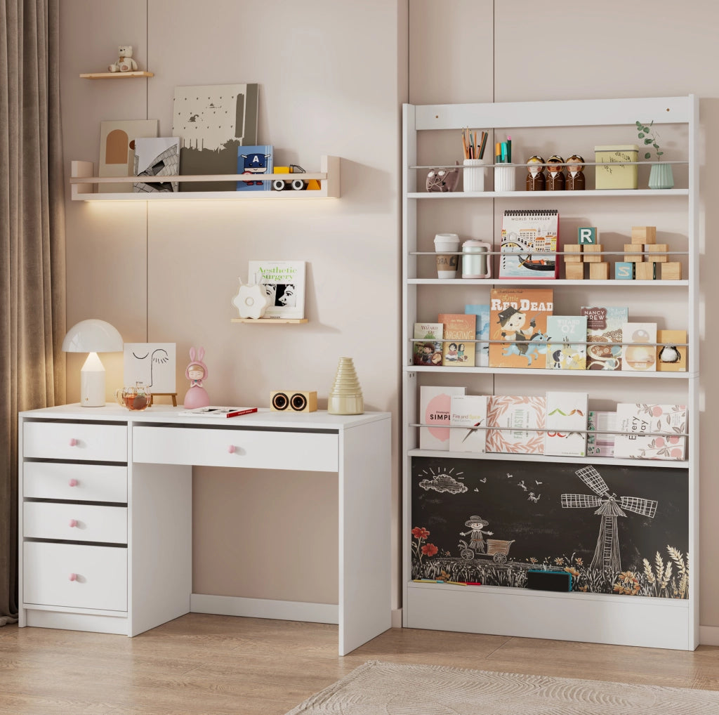 Set 2 Librerie per Libri Illustrati in Legno 100 x 10 x 180 cm con 4 Ripiani e Lavagna Bianco