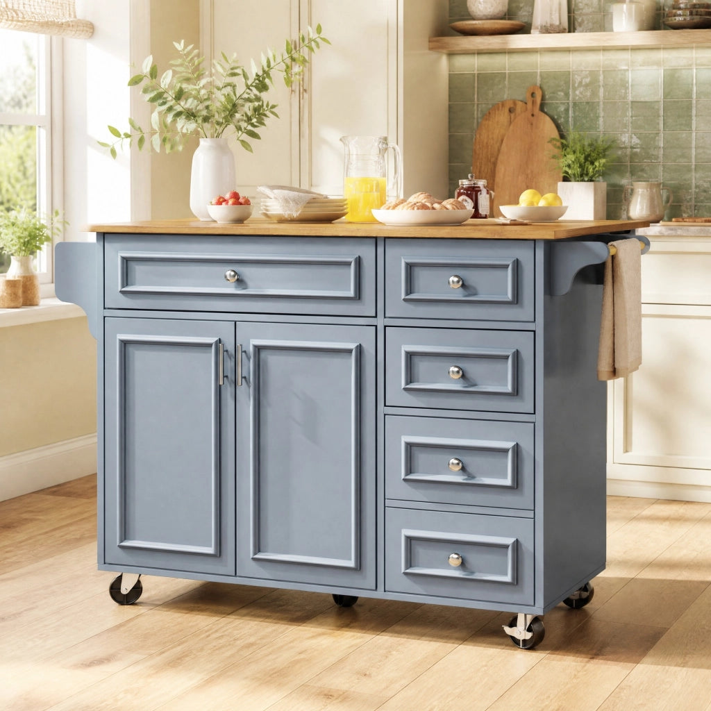 Isola da cucina multifunzionale con piano pieghevole, 110 x 75 x 92 cm, Baby Blue, MDF e metallo