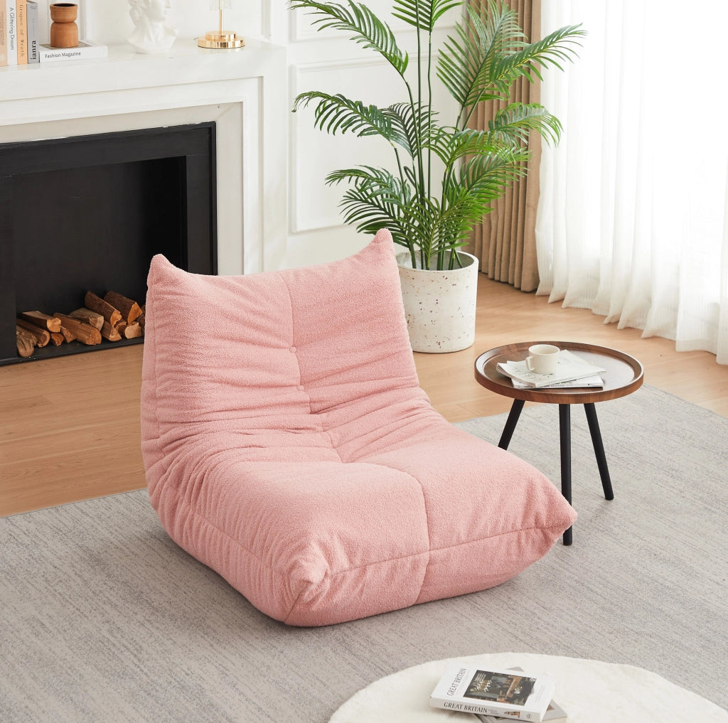 Poltrona da pavimento ULEVR 97 cm in tessuto teddy rosa, imbottita in schiuma elastica, design con bottoni