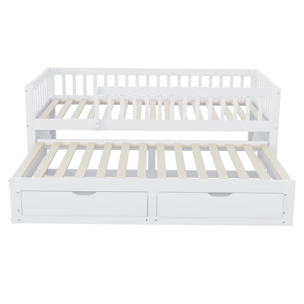 Letto con letto estraibile 90 × 200 cm con due cassetti rete a doghe e barriera perimetrale in legno bianco
