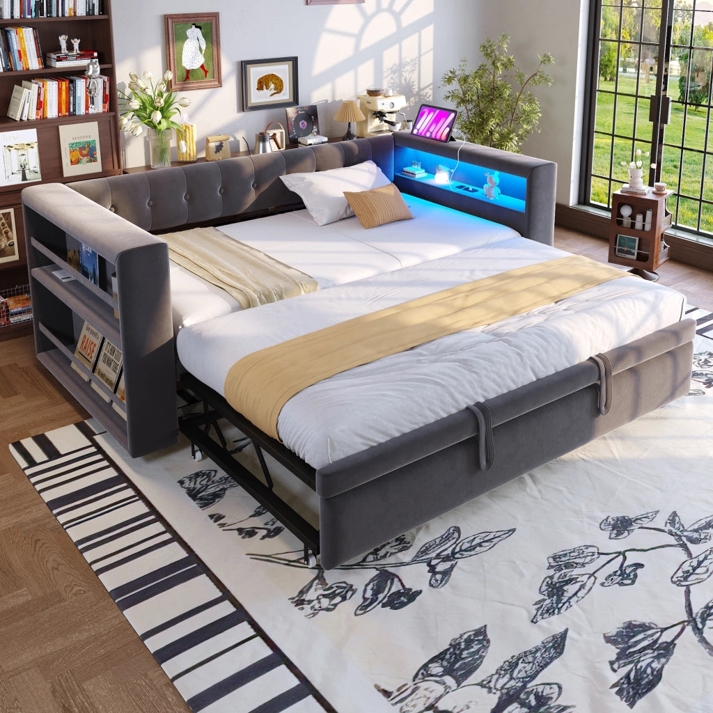 Letto estraibile 90 x 190 cm, divano letto con illuminazione LED, porte USB, tessuto flanella grigio scuro, rete a doghe inclusa