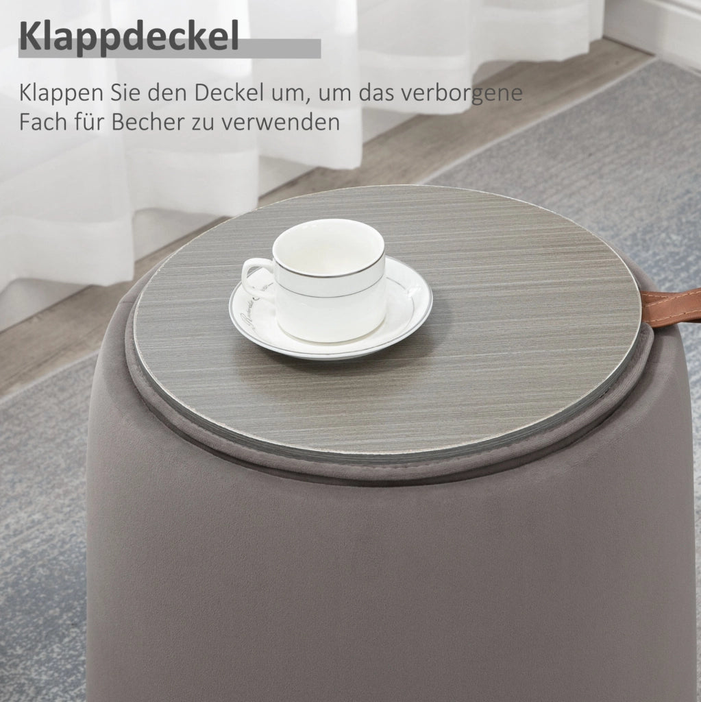 Pouf rotondo 2-in-1 con contenitore e rivestimento in velluto grigio scuro, Ø44 x 47,5 cm