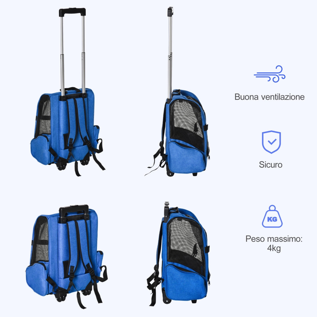 Trasportino Zaino 2 in 1 per Cani e Gatti, Blu, Tessuto Oxford Resistente, Maniglia Telescopica, Ruote e Tasche, 42x25x55cm, Pratico
