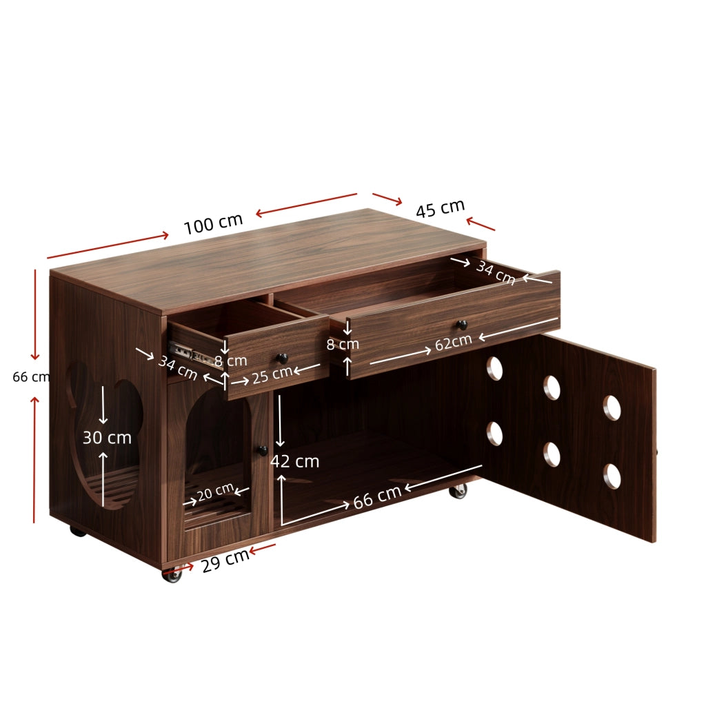 Mobile copriletiera per gatti con 2 cassetti; vassoio raccogli sabbia removibile e ruote noce 100 × 45 × 66 cm