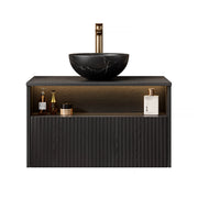 Mobile bagno sospeso con 1 cassetto e 1 vano aperto; lavabo in ceramica; LED con sensore e chiusura ammortizzata; nero 80×46×60.8 cm