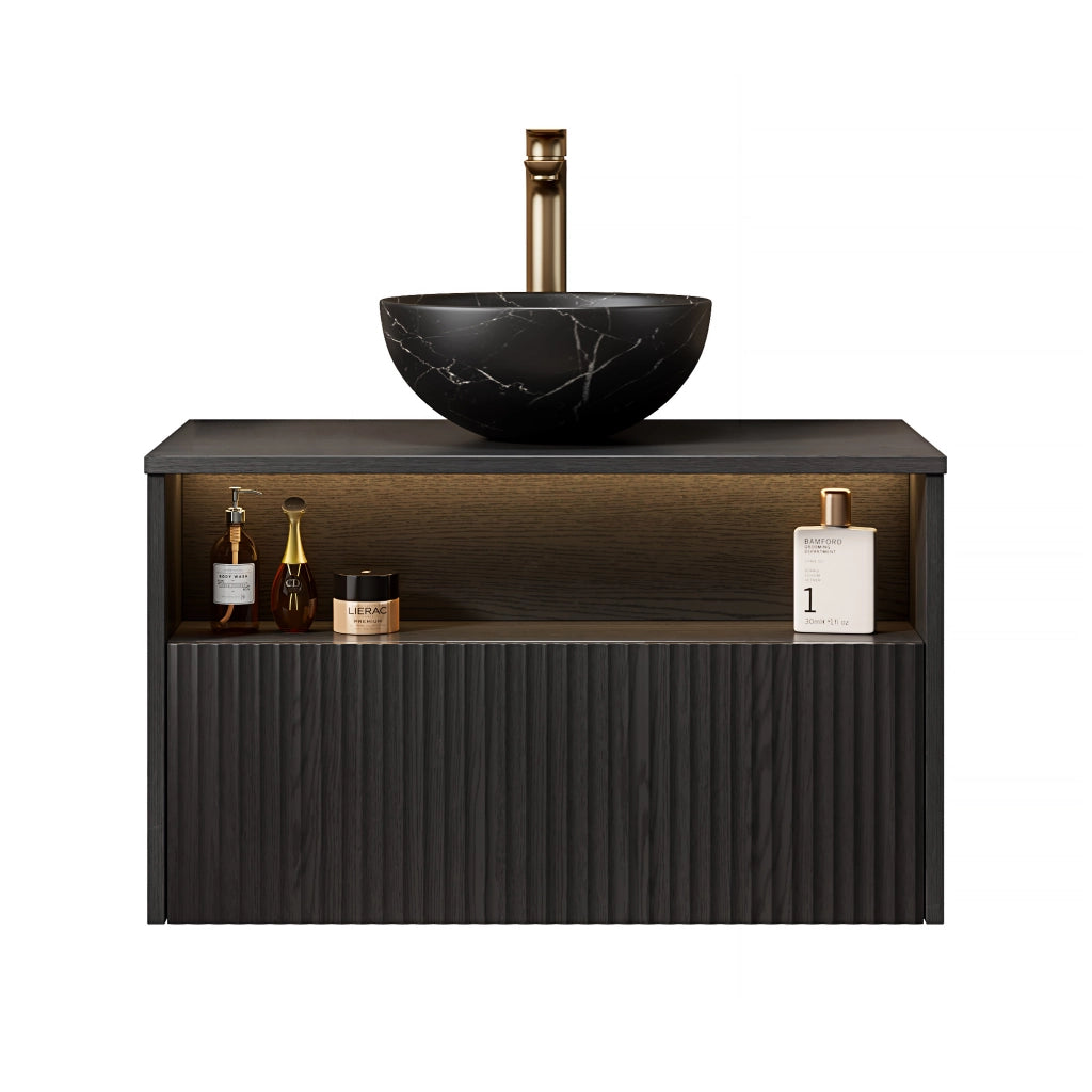 Mobile bagno sospeso con 1 cassetto e 1 vano aperto; lavabo in ceramica; LED con sensore e chiusura ammortizzata; nero 80×46×60.8 cm