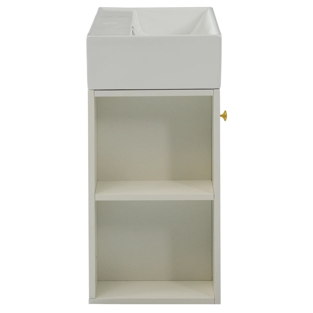 Mobile bagno compatto bianco con lavabo in ceramica e ripiani laterali