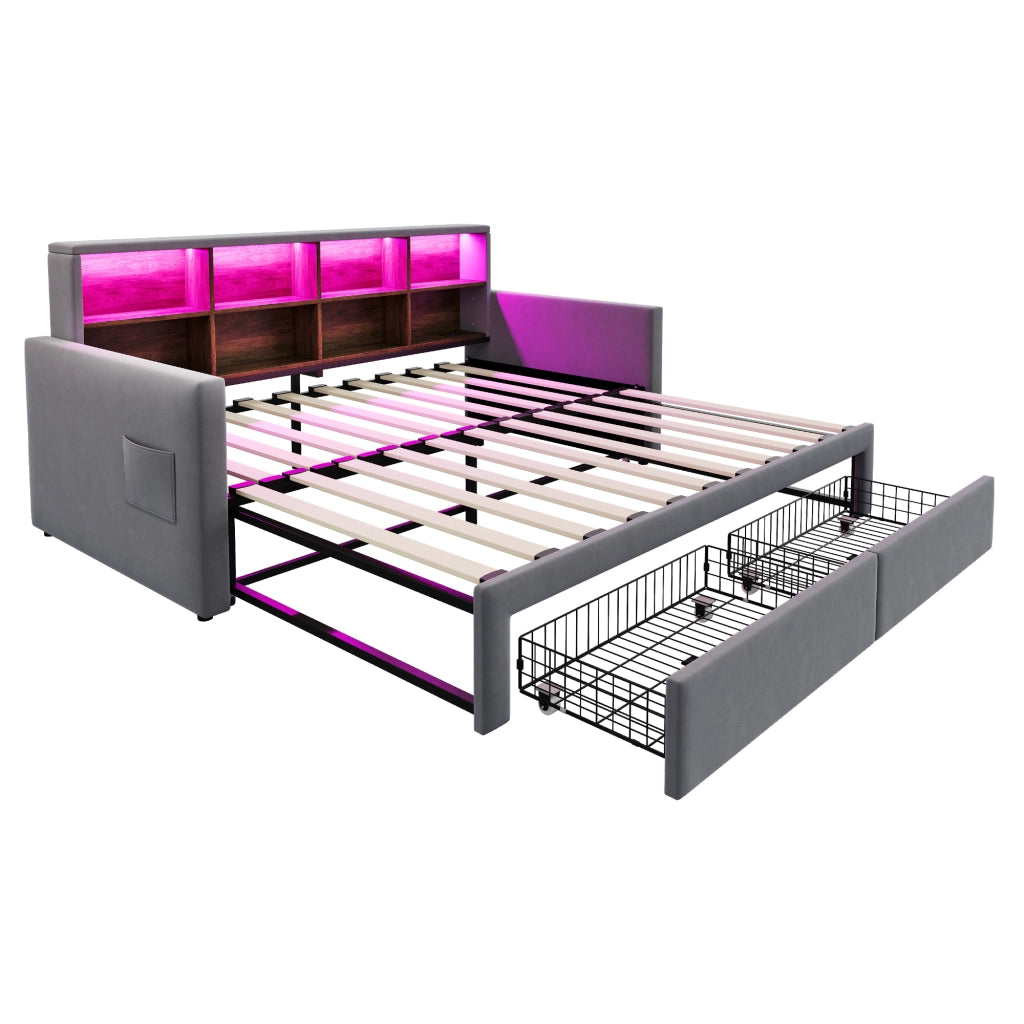 Letto divano 90×190 cm estensibile 180×190 cm con 2 cassetti; LED; USB e presa di tipo C; senza materasso; grigio